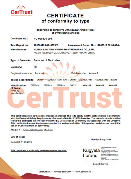 China Liuyang Mandarin Fireworks Co., Ltd. zertifizierungen